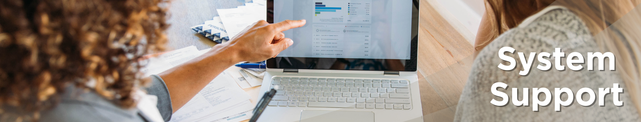 Decorative Banner with a person pointing to a computer screen. Text states "System Support".