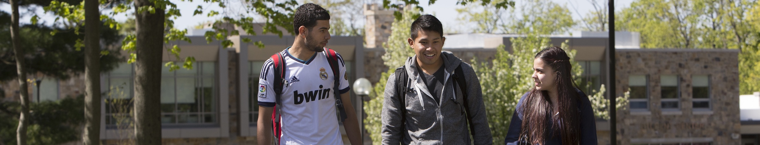 Three students walking and talking. Decorative.