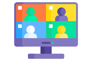 Image of people meeting virtually on a screen. Decorative only.