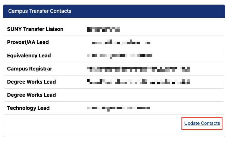 Campus transfer contacts editing screen.