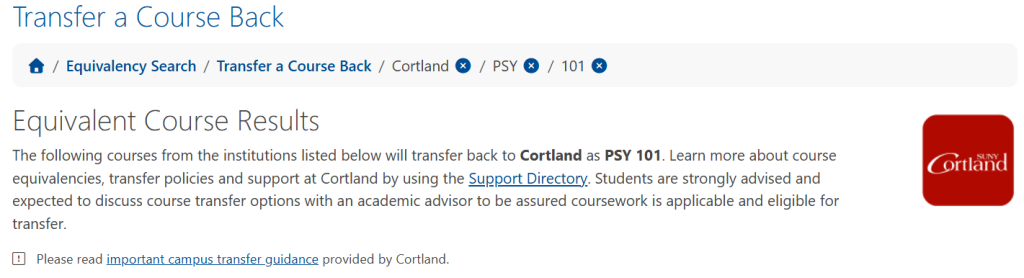 Screenshot describing course equivalency guidance and a link to the support directory.