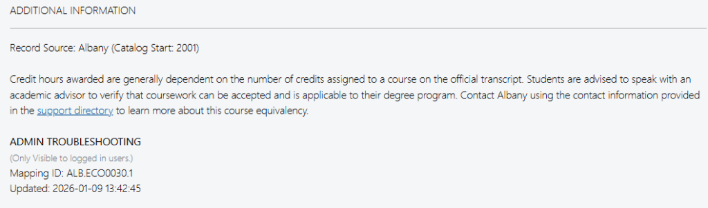 Additional course information in the transfer back lookup tool